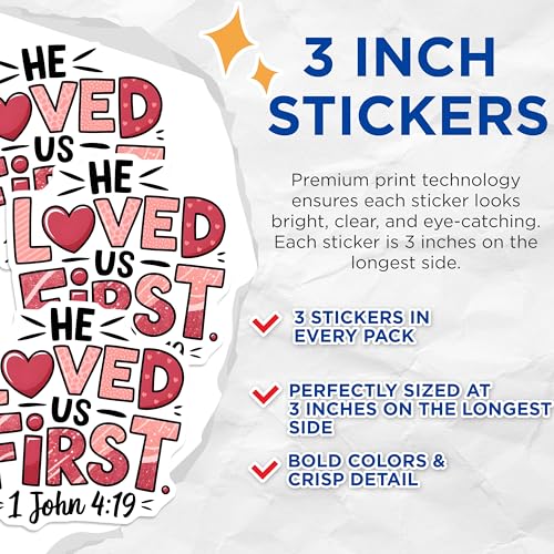 (3 Pack) He Loved Us First Decals - Christian Decals - Religious Verse Stickers - 3 Inches On Longest Side - Easy Peel & Apply - Made in USA - 3MCS2698