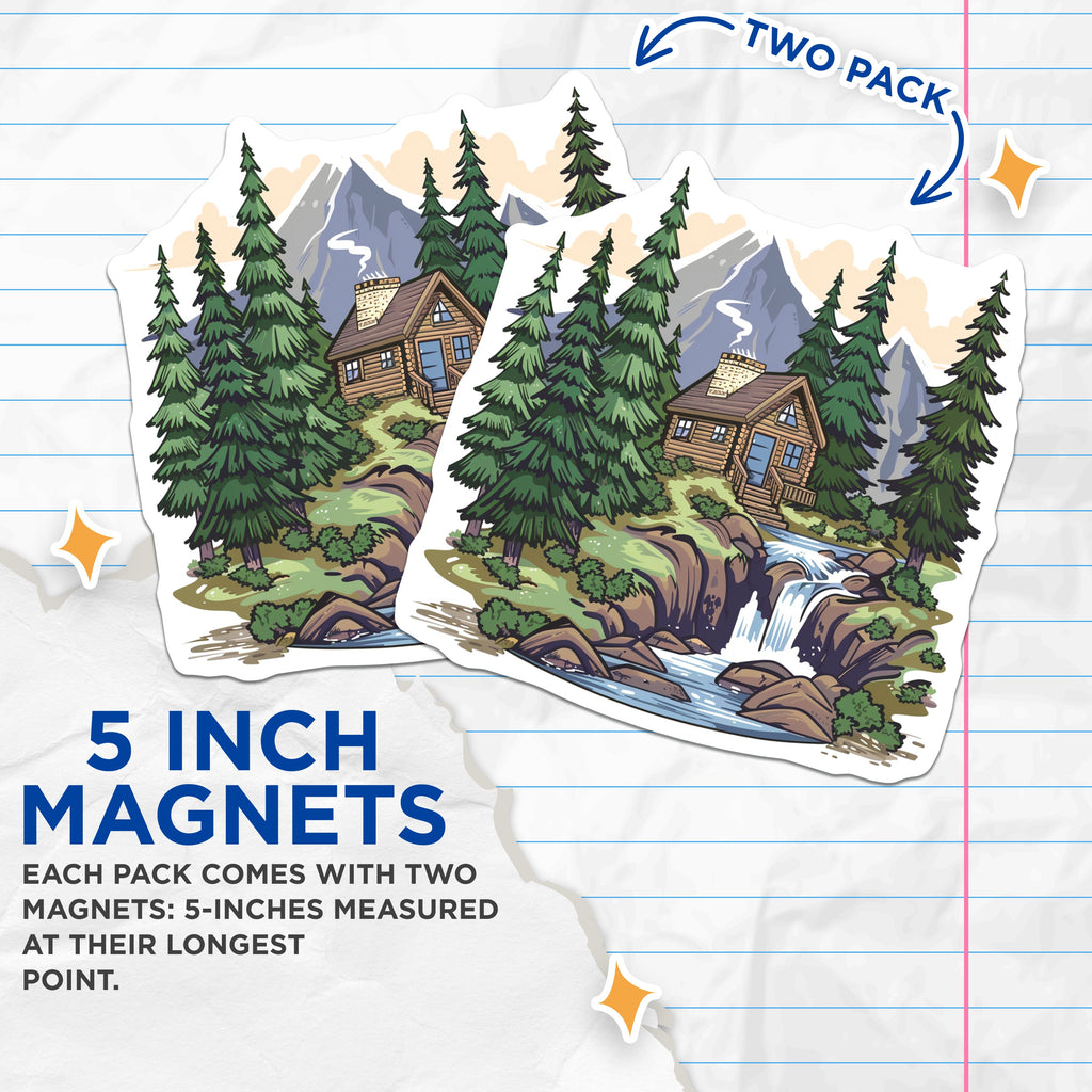 (2 Pack) Log Cabin Magnets - Mountain Forest Waterfall Scene - Rustic Nature Lover Decor - Outdoorsy Home Accessory - 5 Inches On Longest Side - Thick Durable Magnet - Made in USA - MAG36320