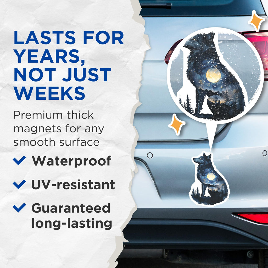 (2 Pack) Wolf Scene Magnets - Celestial Wolf Art - Nature Magnets - 5" On Longest Side - Premium Magnet - for Cars, Refrigerators, Toolboxes, Lockers - Made in USA - MAG14368