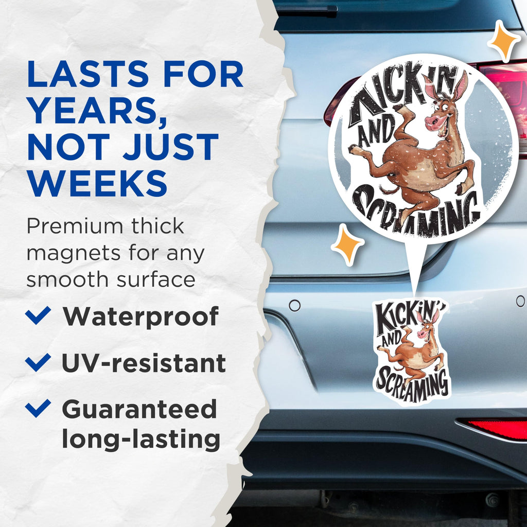 (2 Pack) Kickin and Screamin Magnets - Funny Donkey Magnets - Humorous Animal Magnets - 5" On Longest Side - for Cars, Fridges, Toolboxes - Made in USA - MAG4142