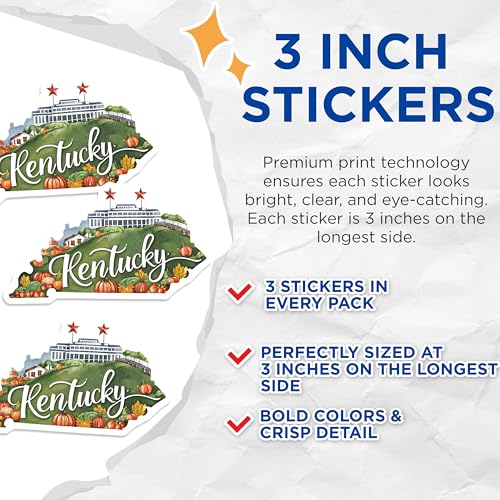 (3 Pack) Kentucky Decals - State Pride Stickers - Bourbon Trail Decor- 3 Inches On Longest Side - Easy Peel & Apply - Made in USA - 3MCS5057
