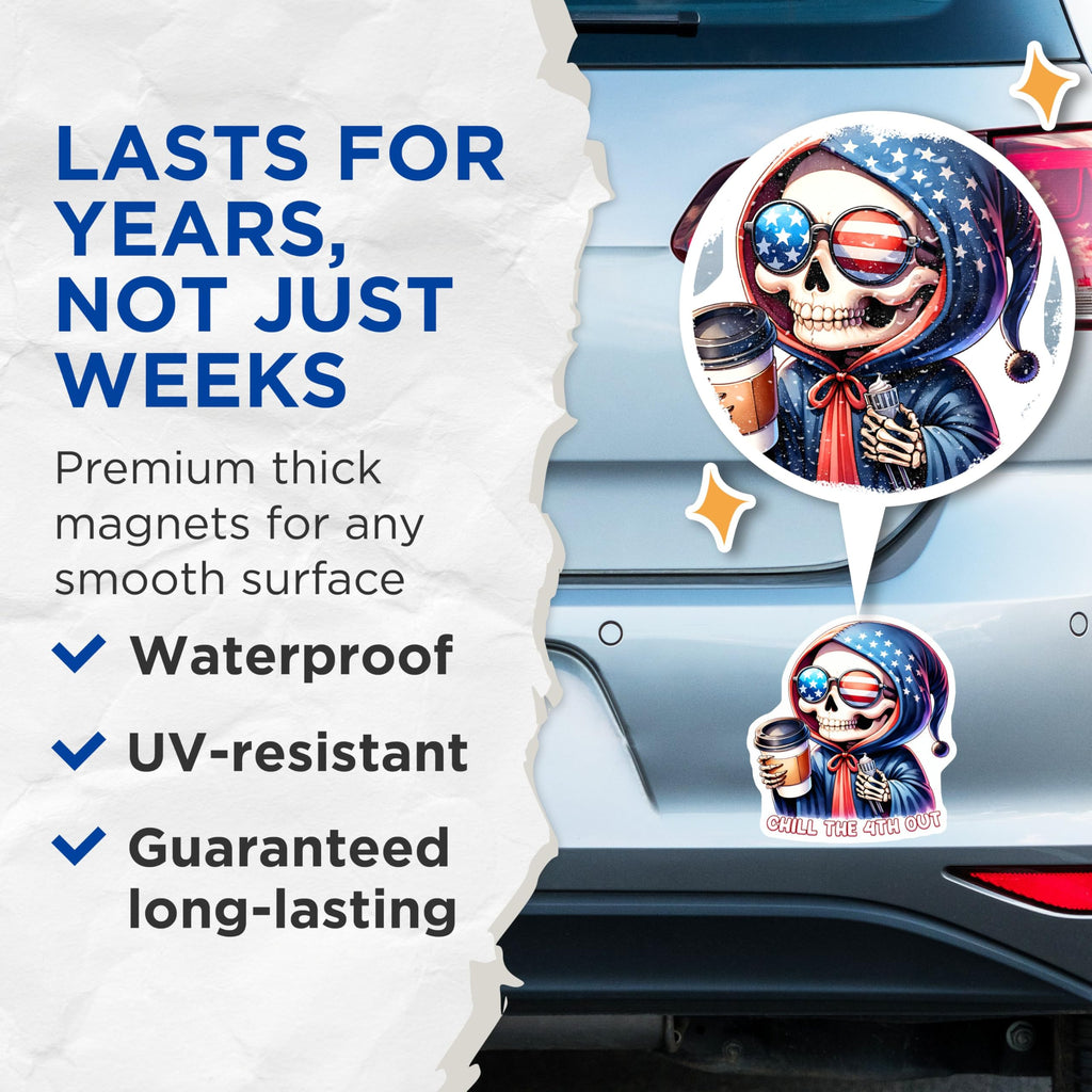 (2 Pack) Chill The 4th Out Magnets - Skeleton with Sunglasses - Patriotic DÃƒÂ©cor for Independence Day - 5" On Longest Side - for Cars, Fridges, Toolboxes - Made in USA - MAG7921