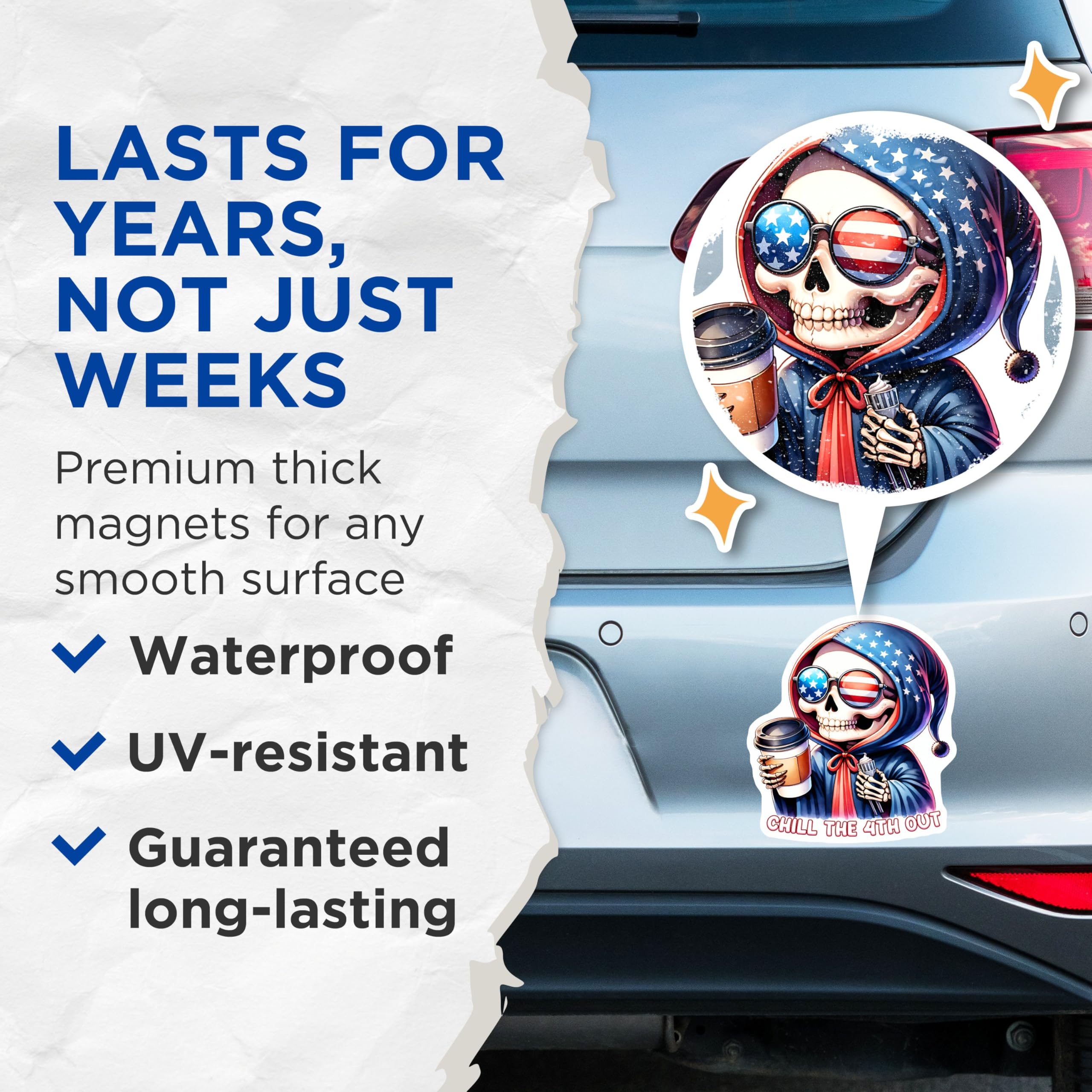 (2 Pack) Chill The 4th Out Magnets - Skeleton with Sunglasses - Patriotic DÃƒÂ©cor for Independence Day - 5" On Longest Side - for Cars, Fridges, Toolboxes - Made in USA - MAG7921