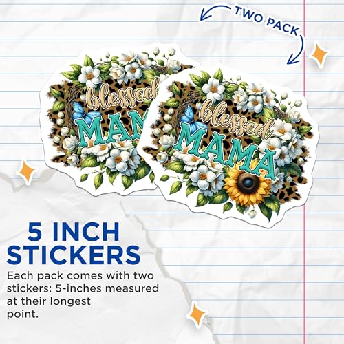 (2 Pack) Blessed Mama Stickers - Floral Design - Sunflower Mom Decal - 5" On Longest Side - Sticks to Smooth Flat Surfaces - Made in USA - BMCS8180