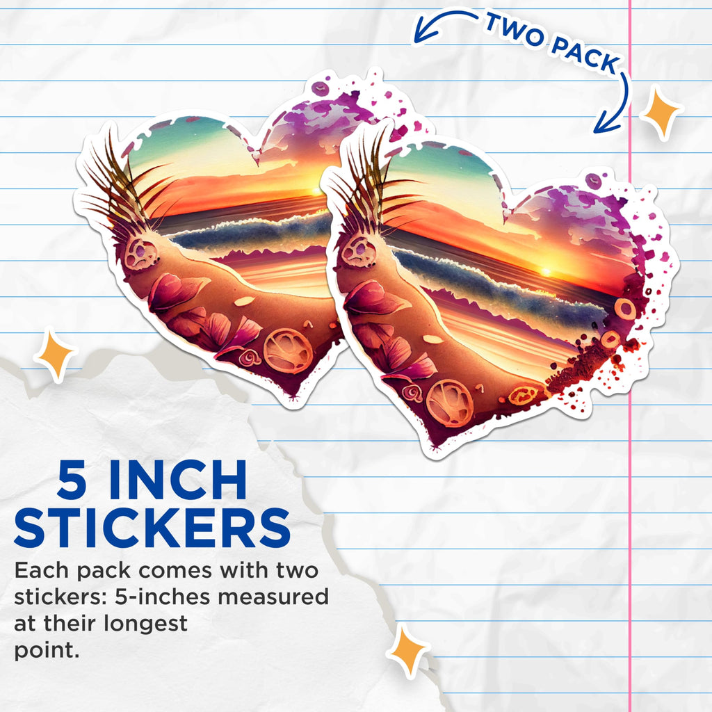 (2 Pack) Beach Sunset Heart Stickers - Ocean Waves Stickers - Coastal Beach Shell Stickers - 5" On Longest Side - Sticks to Any Smooth Flat Surface - Made in USA - BMCS2857