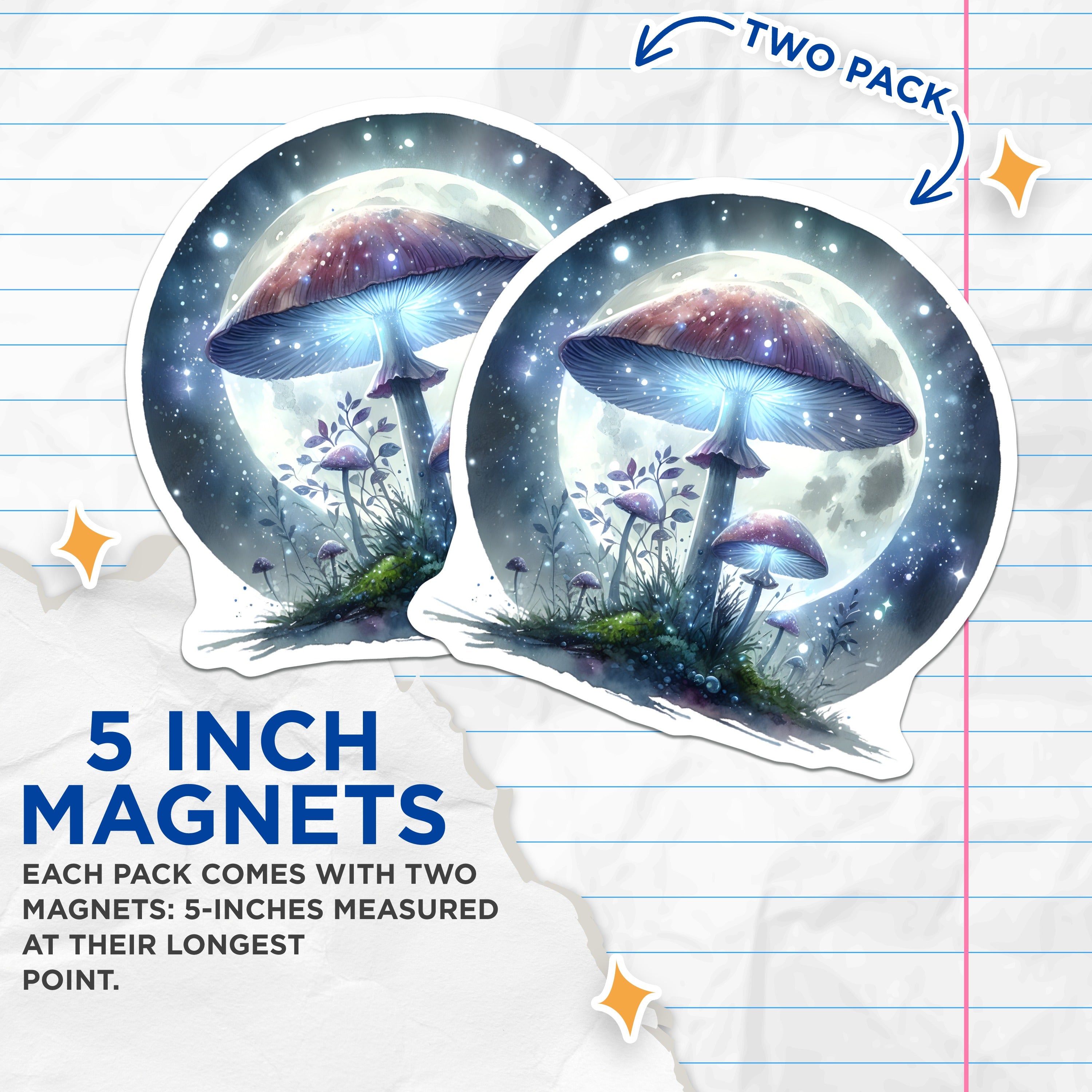(2 Pack) Luminous Mushroom Magnets - Enchanted Forest Decor - Celestial Art Fridge Accent - 5 Inches On Longest Side - Thick Durable Magnet - Made in USA - MAG37870