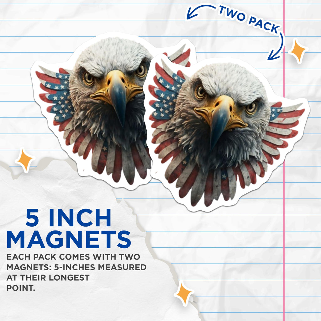 (2 Pack) Bald Eagle Magnets - Majestic American Flag Design - Patriotic USA Symbol Fridge - Independence Day Decor - 5 Inches On Longest Side - Thick Durable Magnet - Made in USA - MAG21447