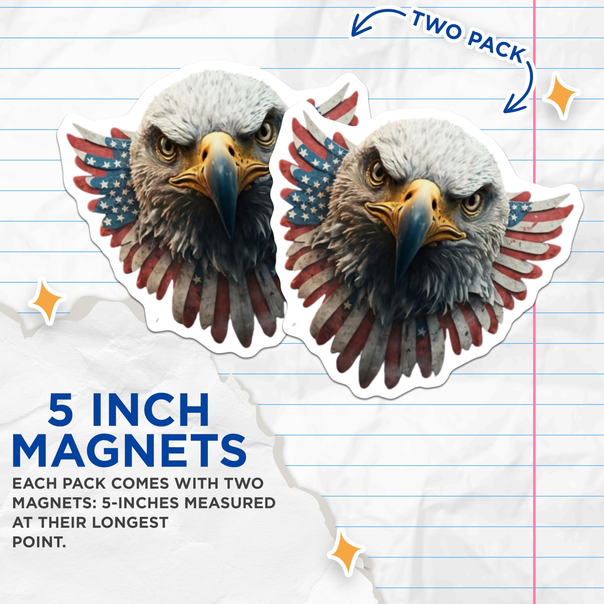 (2 Pack) Bald Eagle Magnets - Majestic American Flag Design - Patriotic USA Symbol Fridge - Independence Day Decor - 5 Inches On Longest Side - Thick Durable Magnet - Made in USA - MAG21447