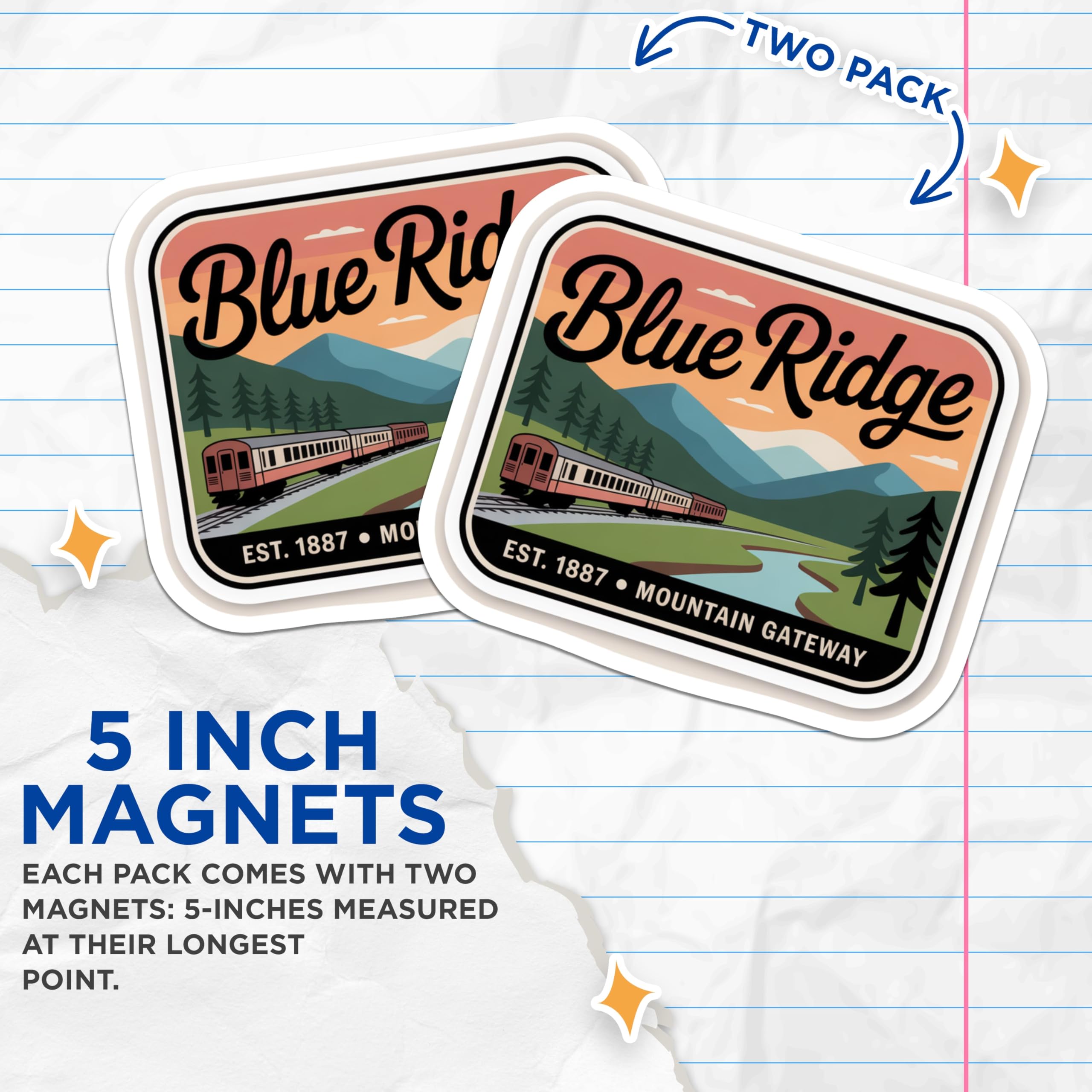 (2 Pack) Blue Ridge Train Magnets - Appalachian Mountain Landscape Art - Vintage Railroad Souvenir Display - 5 Inches On Longest Side - Thick Durable Magnet - Made in USA - MAG19356