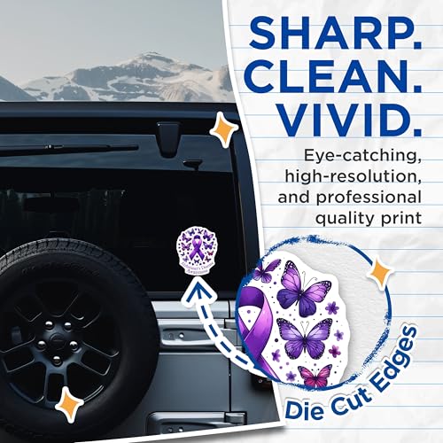 (2 Pack) Alzheimer's Disease Awareness Stickers - Purple Ribbon Support - Butterfly Themed - 5" On Longest Side - Sticks to Smooth Flat Surfaces - Made in USA - BMCS9782