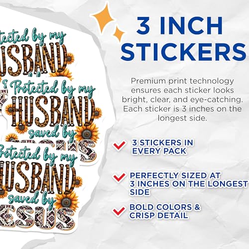 (3 Pack) Protected by Husband Decals - Saved by Jesus - Sunflower Laptop Decal - 3 Inches On Longest Side - Easy Peel & Apply - Made in USA - 3MCS1903