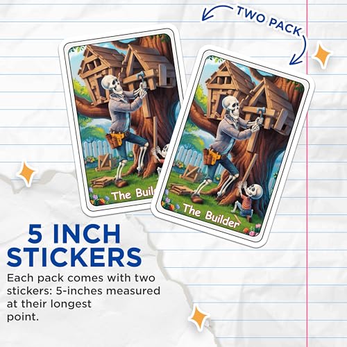 (2 Pack) The Builder Skeleton Stickers - Cute Skeleton Family Stickers - Skeleton Builder Art Stickers - 5" On Longest Side - Sticks to Smooth Flat Surfaces - Made in USA - BMCS4446