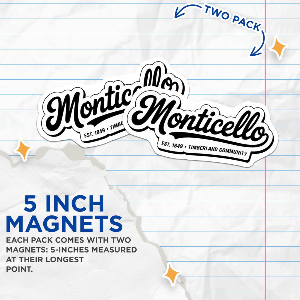 (2 Pack) Monticello Magnets - Timberland Community - Town Pride Fridge Decor - 5" On Longest Side - Premium Magnet - for Cars, Refrigerators, Toolboxes, Lockers - Made in USA - MAG17465