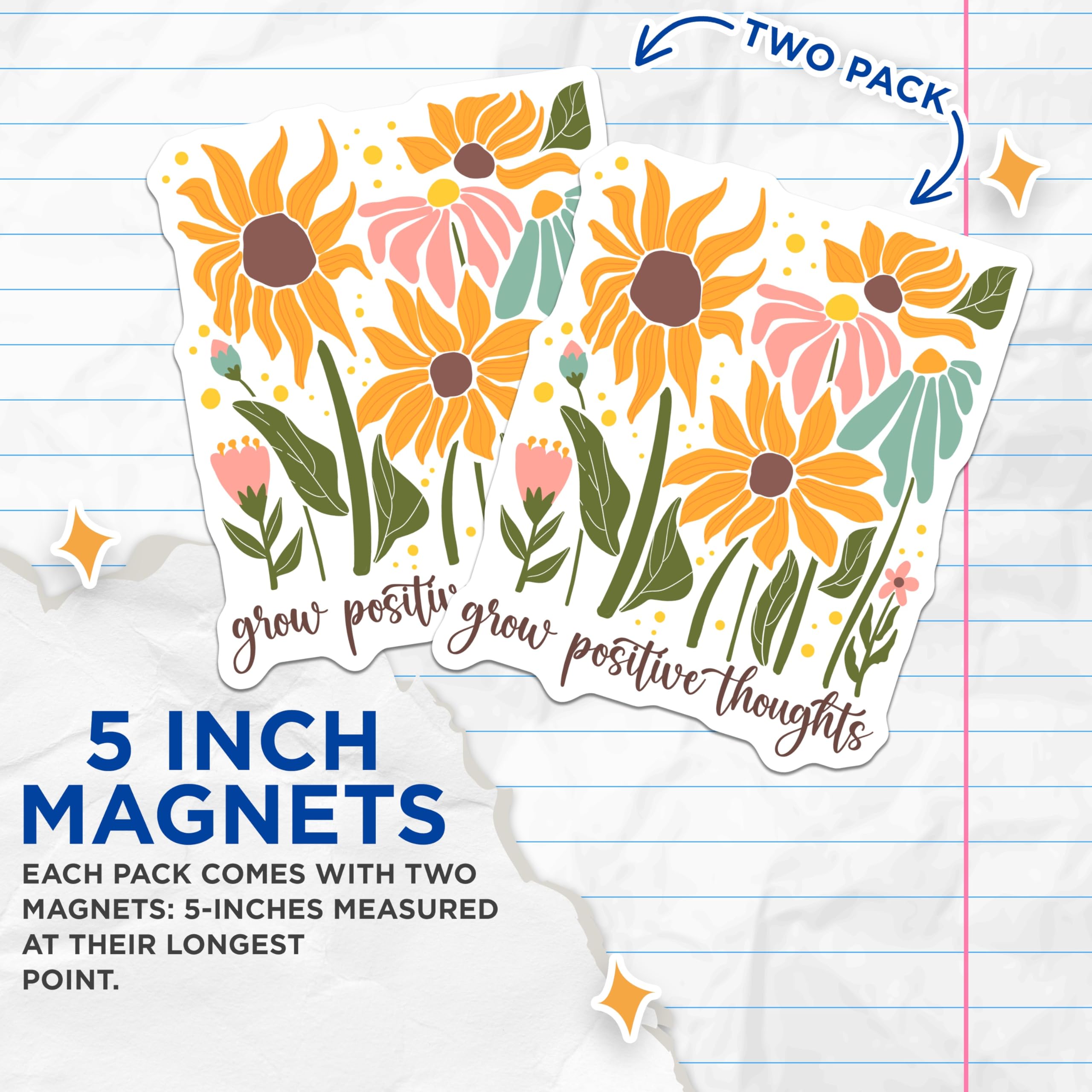 (2 Pack) Floral Magnets - Sunflower Magnets - Grow Positive Thoughts Home Decor Magnets - 5" On Longest Side - Premium Magnet - for Cars, Refrigerators, Toolboxes, Lockers - Made in USA - MAG17358