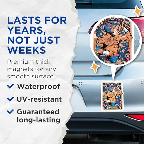 (2 Pack) Wrestler Artwork Magnet - Colorful Starry Background - Mexican Wrestling Mask - Iconic Design - 5" On Longest Side - Sticks to Smooth Flat Surfaces - Made in USA - MAG9598