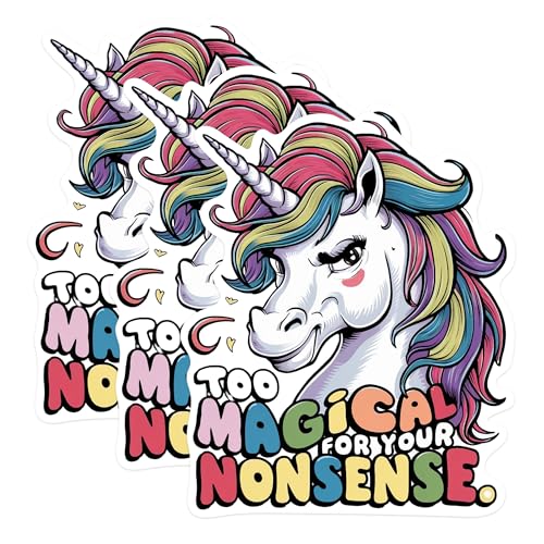 (3 Pack) Unicorn Laptop Decals - Too Magical Nonsense - Rainbow Mane Decal - 3 Inches On Longest Side - Easy Peel & Apply - Made in USA - 3MCS0891
