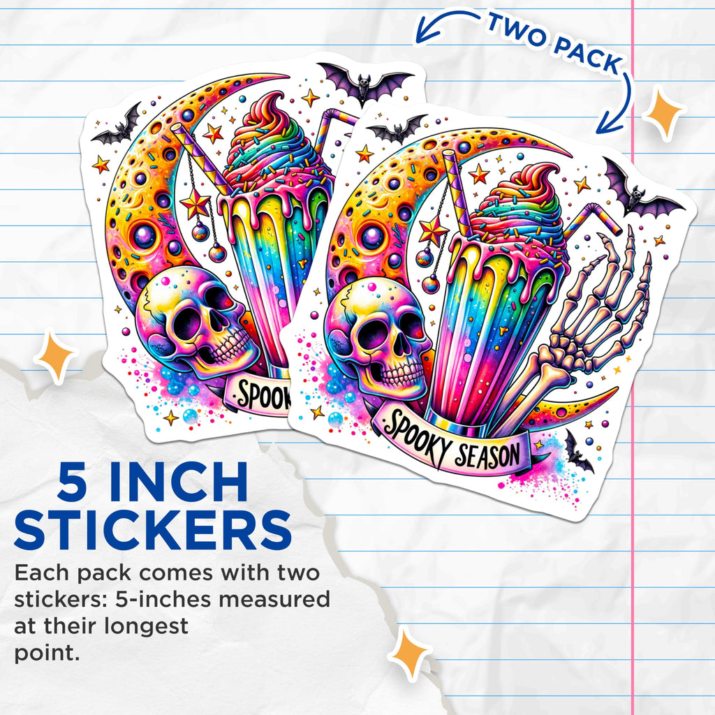 (2 Pack) Spooky Season Stickers - Halloween Skeleton Stickers - Creepy Skull and Bat Stickers - 5" On Longest Side - Sticks to Smooth Flat Surfaces - Made in USA - BMCS4682