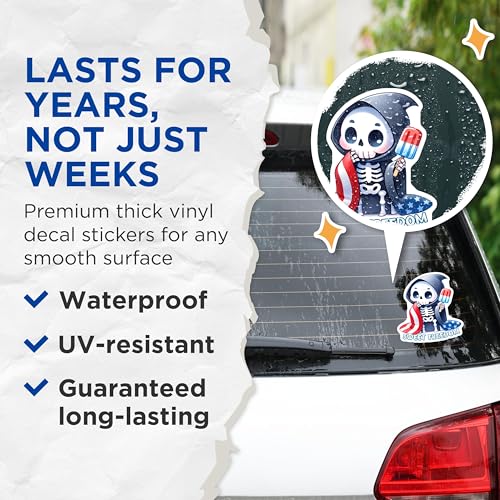 (2 Pack) Sweet Freedom Stickers - Cute Skeleton with Popsicle - Patriotic Art Design - 5" On Longest Side - Sticks to Smooth Flat Surfaces - Made in USA - BMCS7912