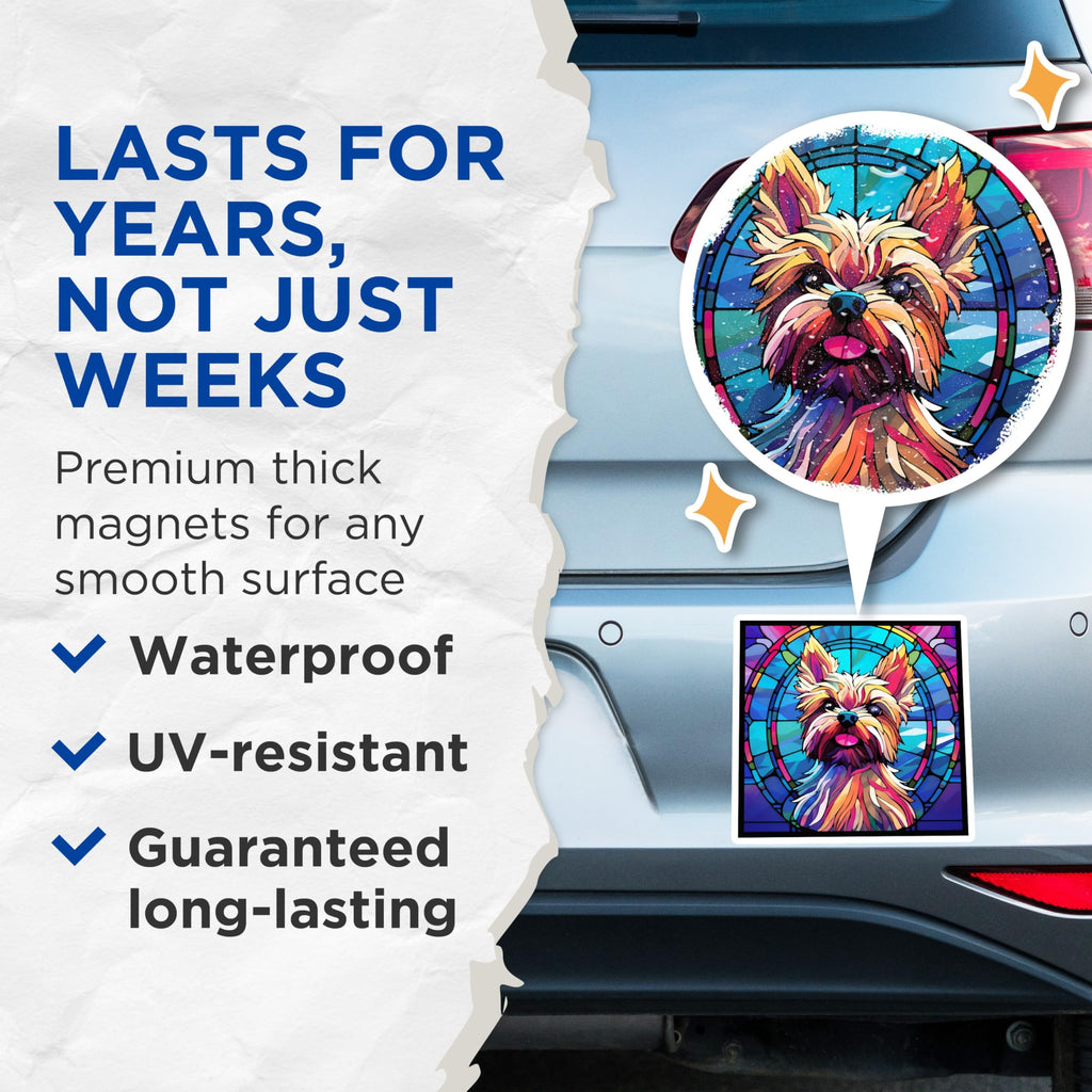 (2 Pack) Yorkshire Terrier Magnets - Stained Glass Dog - Unique Fridge Home Decor - 5" On Longest Side - Premium Magnet - for Cars, Refrigerators, Toolboxes, Lockers - Made in USA - MAG14697