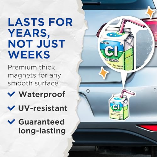 (2 Pack) Funny Chemistry Magnets - Chlorine Joke - Science Enthusiast Decor - 5" On Longest Side - for Cars, Fridges, Toolboxes - Made in USA - MAG8019