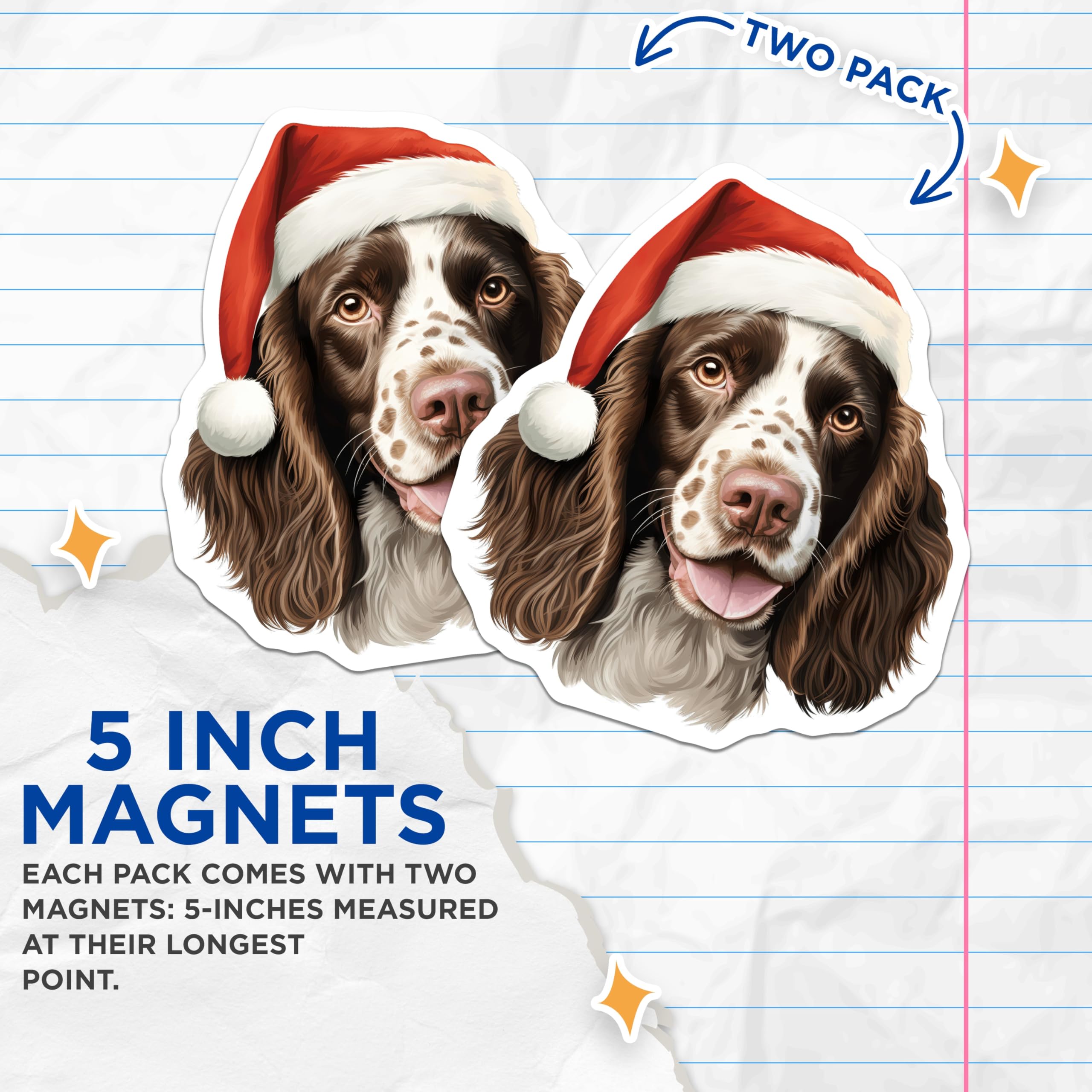 (2 Pack) Springer Spaniel Christmas Magnets - Santa Hat Dog Decor - Holiday Pet Accessory - 5 Inches On Longest Side - Thick Durable Magnet - Made in USA - MAG25656