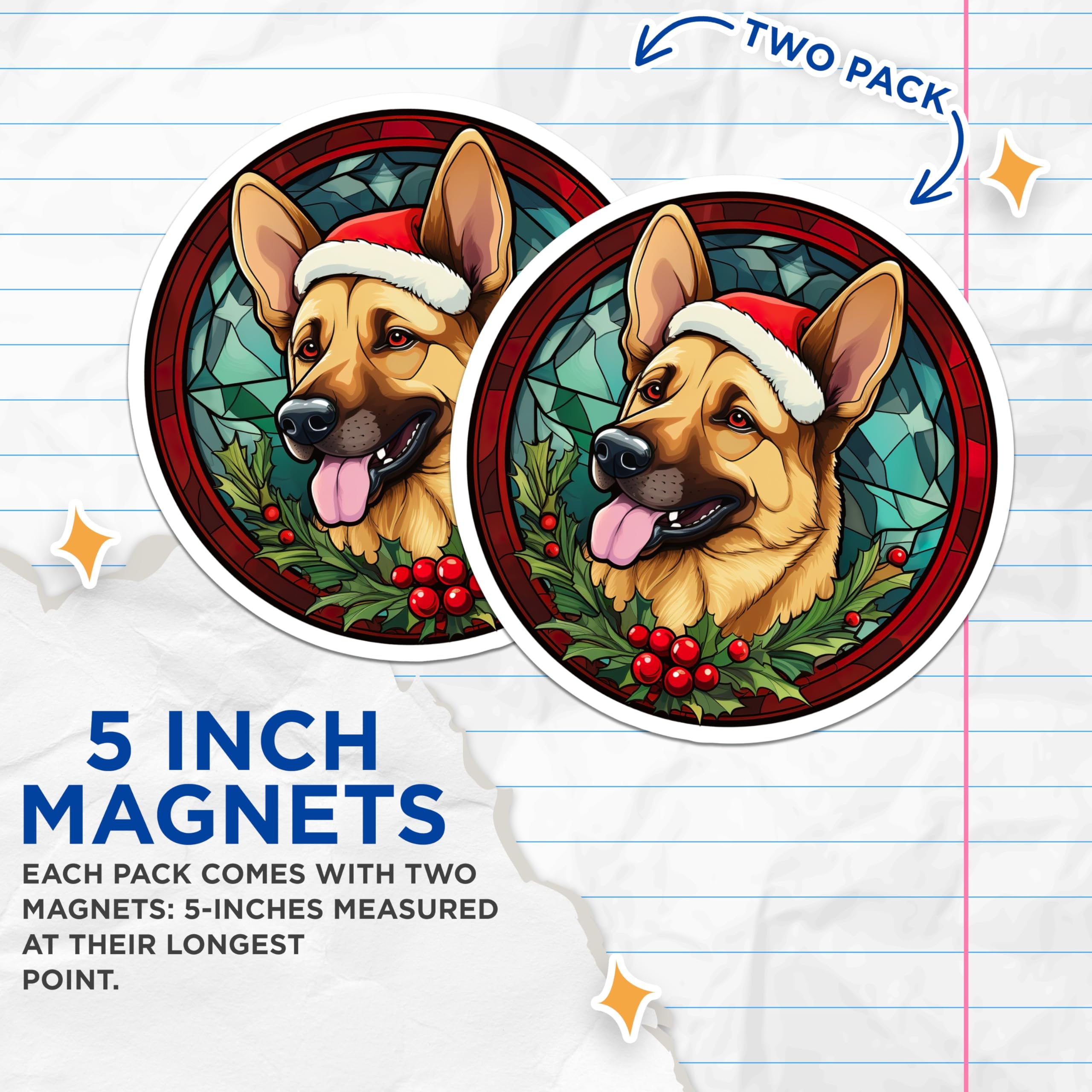 (2 Pack) German Shepherd Christmas Magnets - Festive Stained Glass Dog Art - Pet Lover Holiday Decor - 5 Inches On Longest Side - Thick Durable Magnet - Made in USA - MAG30724
