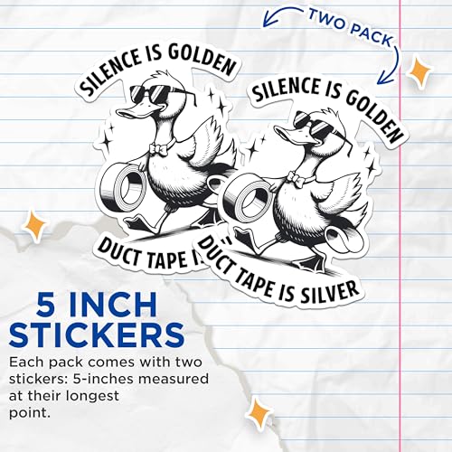 (2 Pack) Silence is Golden Duct Tape is Silver Stickers - Funny Duck Humor - 5" On Longest Side - Sticks to Any Smooth Flat Surface - Made in USA - BMCS2894