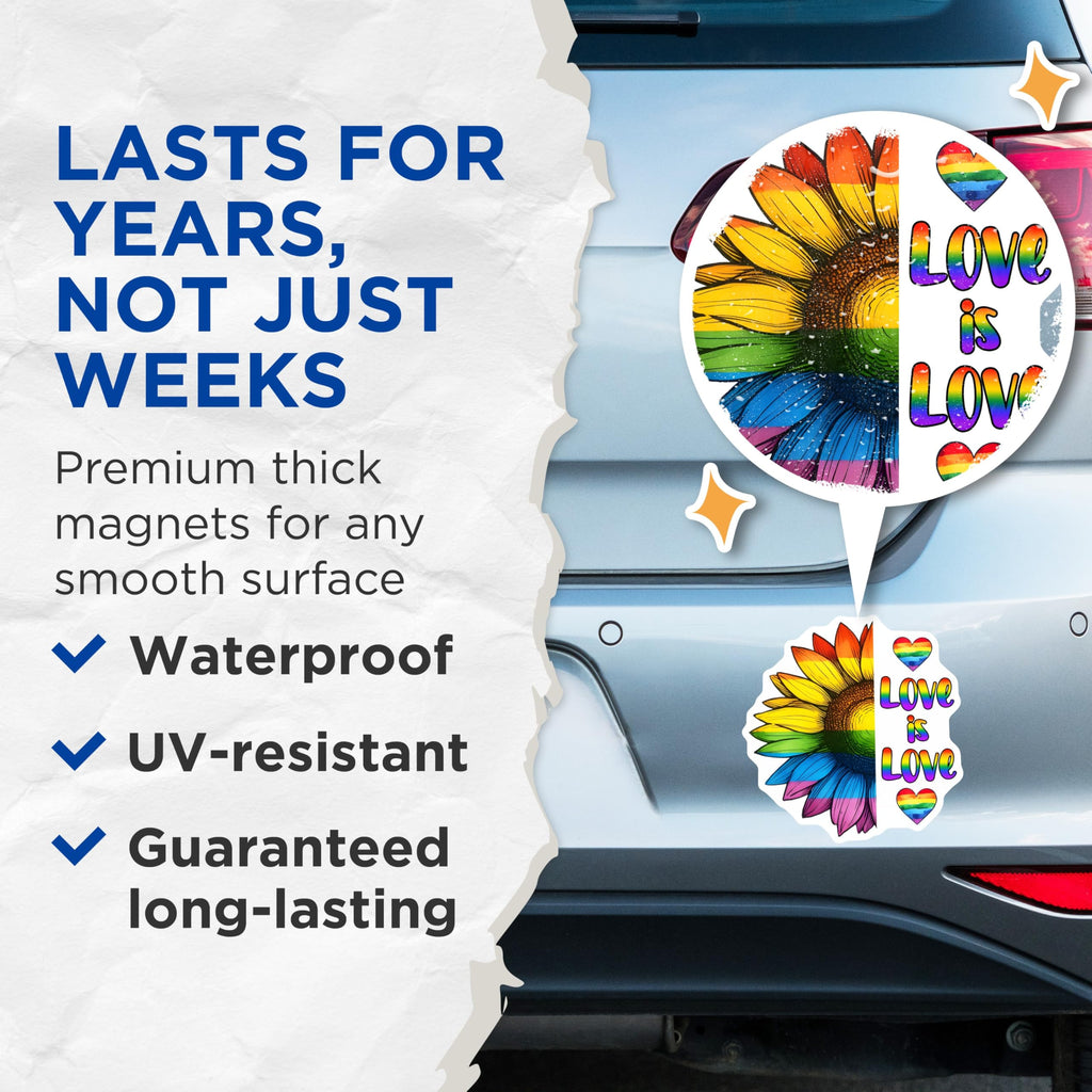 (2 Pack) Pride Magnets - LGBTQ Sunflower Art - Rainbow Heart Love is Love - 5" On Longest Side - Premium Magnet - for Cars, Refrigerators, Toolboxes, Lockers - Made in USA - MAG16823