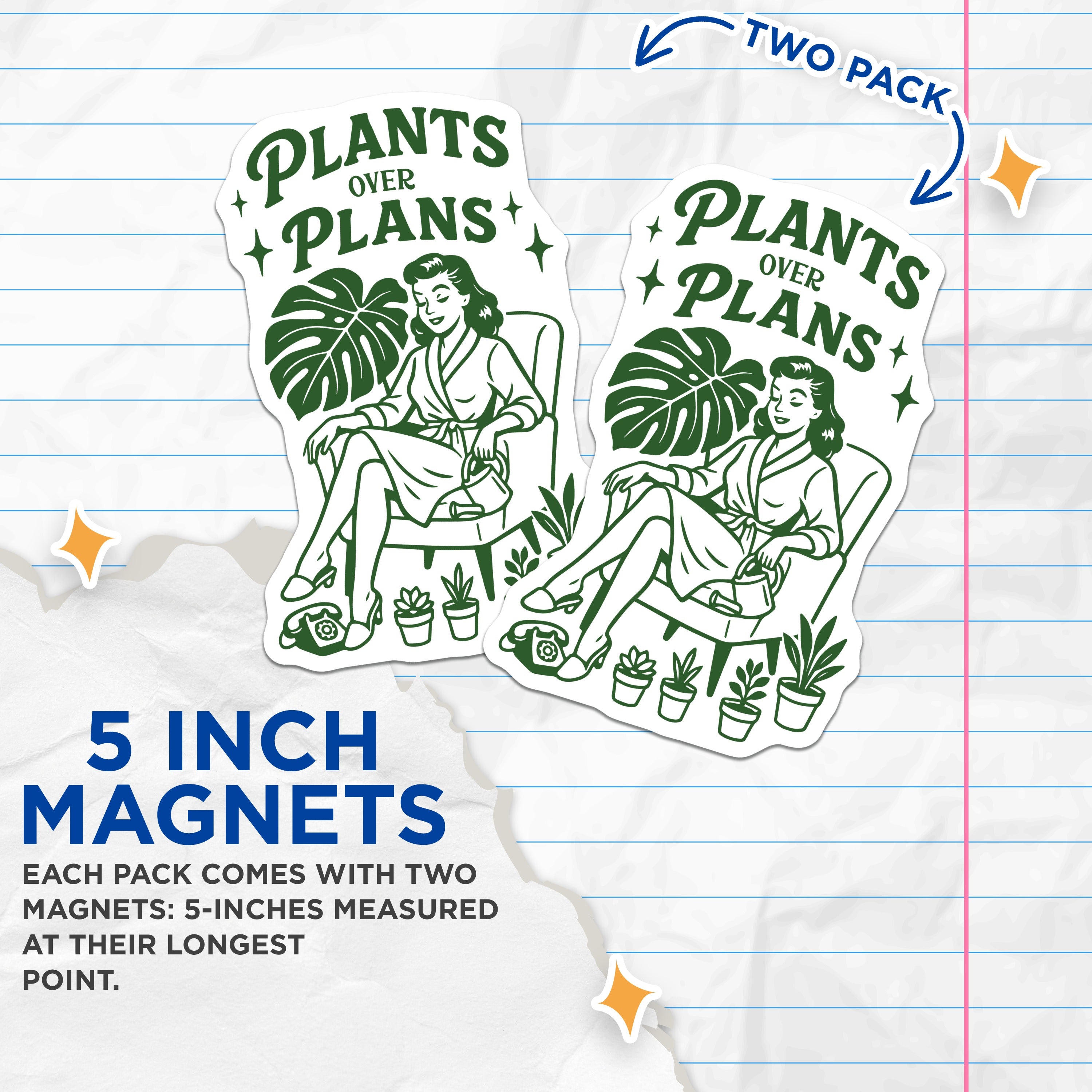 (2 Pack) Plants Over Plans Magnets - Retro Plant Lady - Houseplant Decor - Refrigerator Magnet - 5 Inches On Longest Side - Thick Durable Magnet - Made in USA - MAG36725