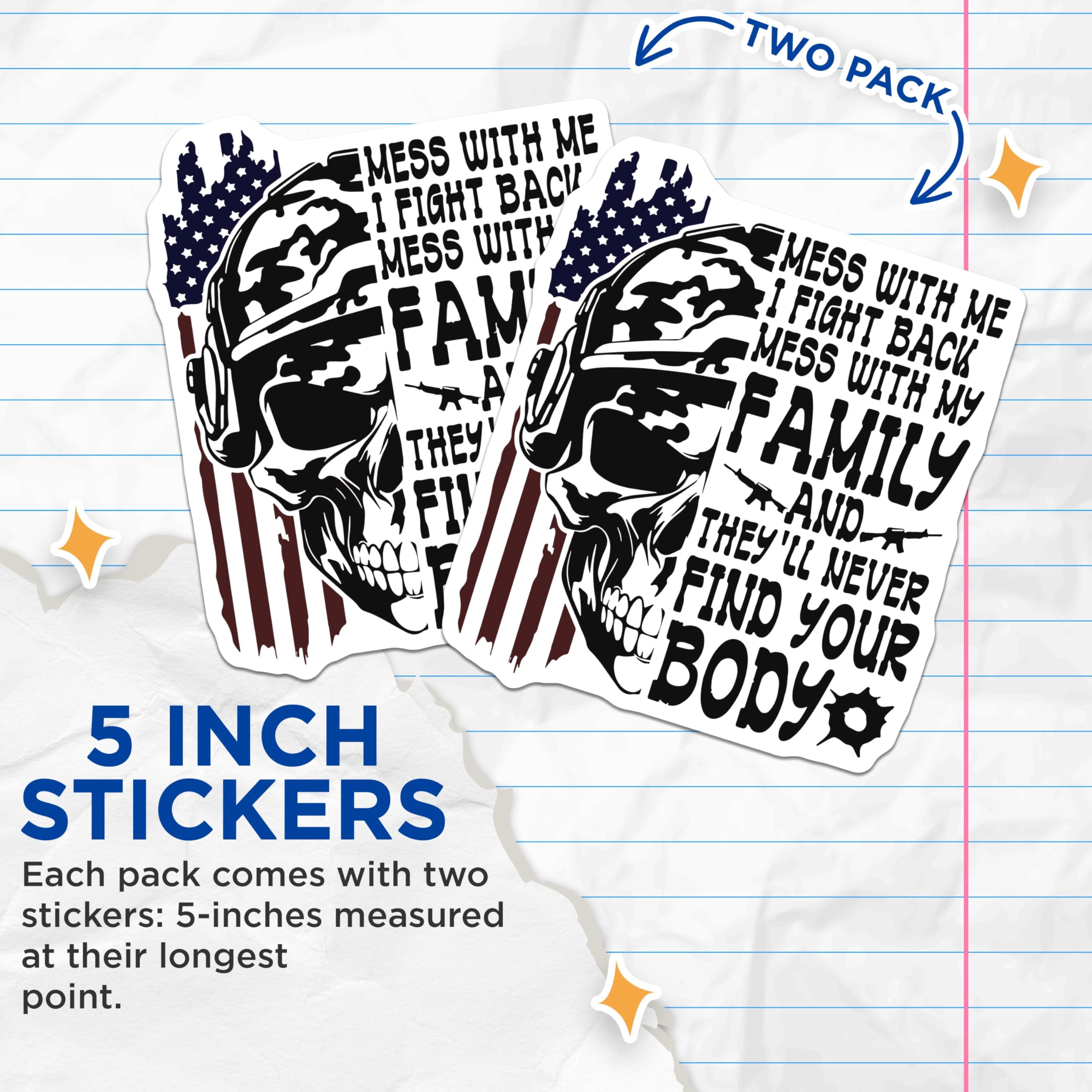 (2 Pack) Funny Skull Stickers - Military Quote Stickers - Dark Humor Sarcasm Stickers - 5" On Longest Side - Sticks to Any Smooth Flat Surface - Made in USA - BMCS3427
