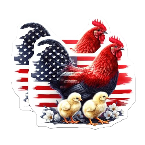 (2 Pack) Patriotic Rooster Chickens Stickers - American Flag - Farm Animal Decals - 5" On Longest Side - Sticks to Smooth Flat Surfaces - Made in USA - BMCS6428
