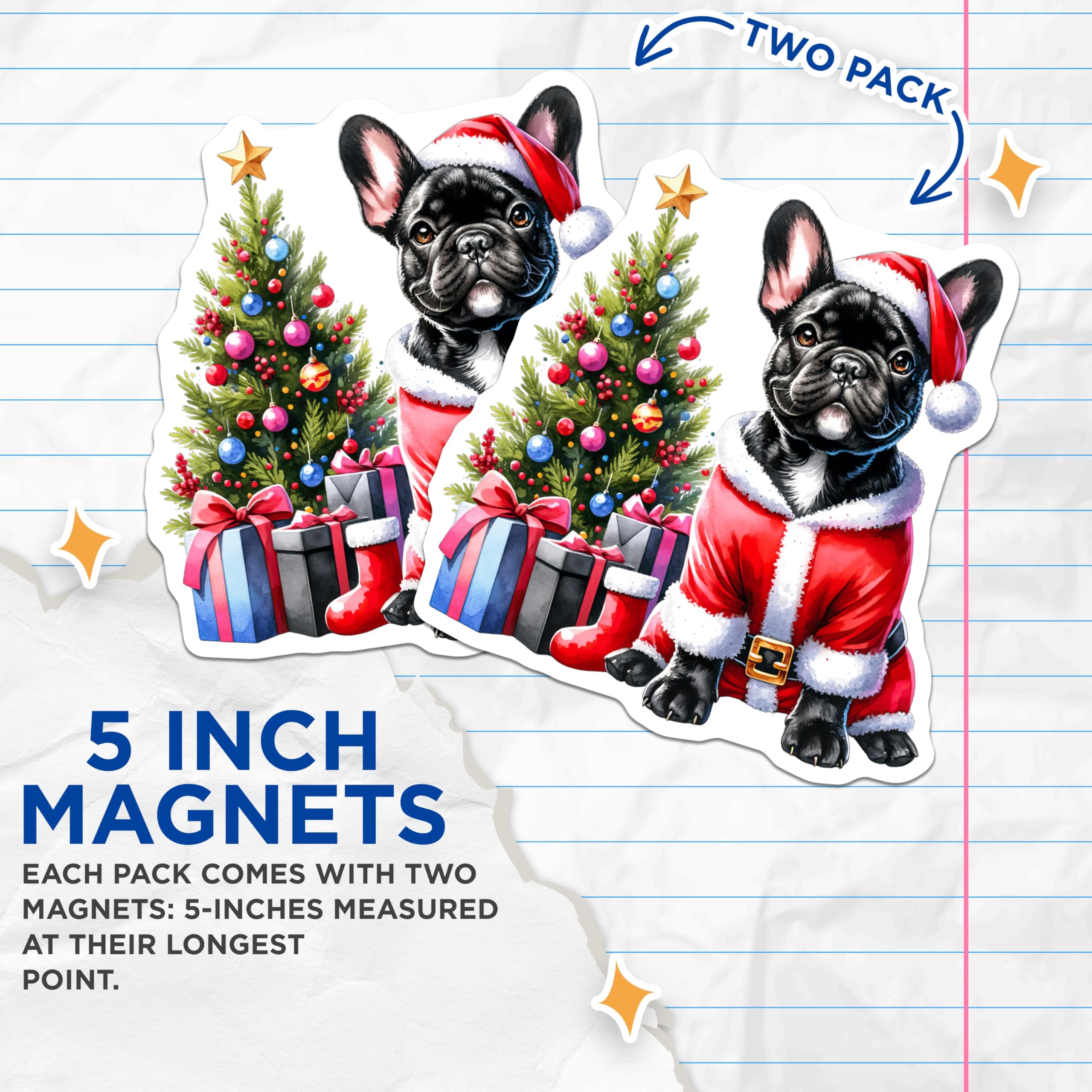 (2 Pack) French Bulldog Christmas Magnets - Santa Frenchie Decor - Holiday Dog Lover Pet - 5 Inches On Longest Side - Thick Durable Magnet - Made in USA - MAG27713