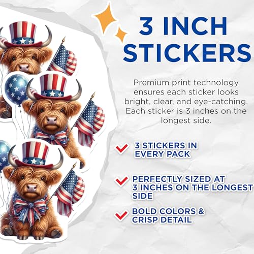 (3 Pack) Highland Cow Decals - Patriotic Cow - American Flag Decor- 3 Inches On Longest Side - Easy Peel & Apply - Made in USA - 3MCS5115