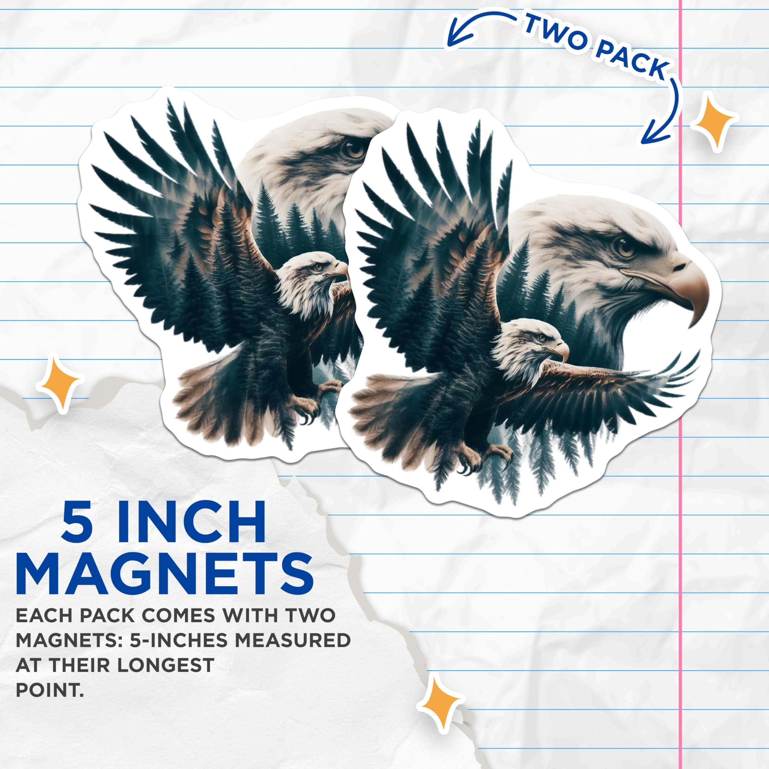 (2 Pack) Eagle Magnets - American Bald Eagle - Patriotic Fridge Decor - 5" On Longest Side - Premium Magnet - for Cars, Refrigerators, Toolboxes, Lockers - Made in USA - MAG14327