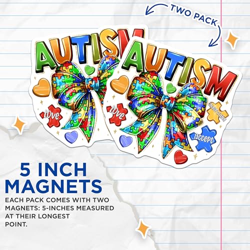 (2 Pack) Autism Awareness Magnets - Puzzle Piece Bow - Support Advocacy Decor - 5 Inches On Longest Side - Thick Durable Magnet - Made in USA - MAG27320