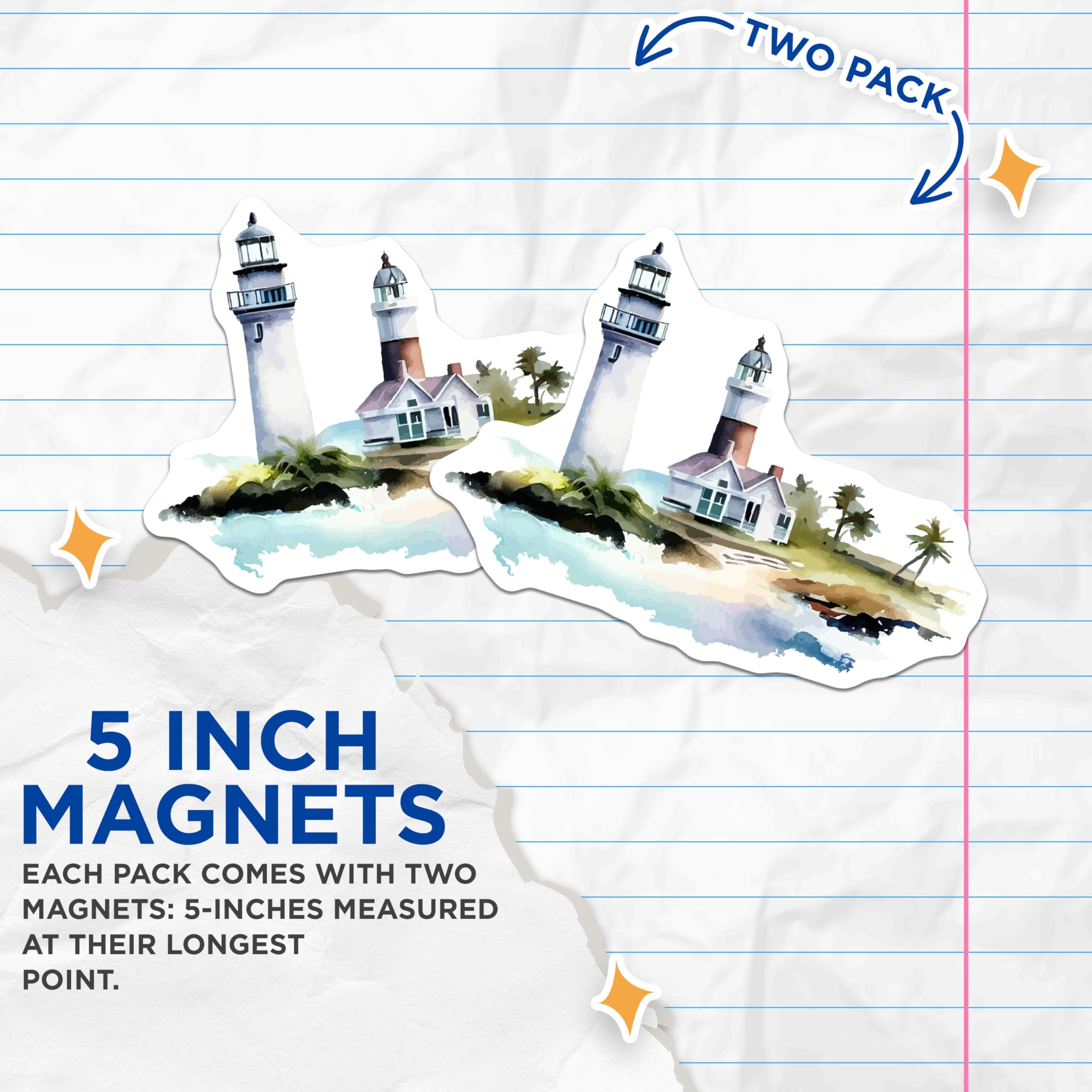(2 Pack) Lighthouse Magnets - Coastal Seascape Art - Beach House Decor - Ocean View - 5 Inches On Longest Side - Thick Durable Magnet - Made in USA - MAG19930