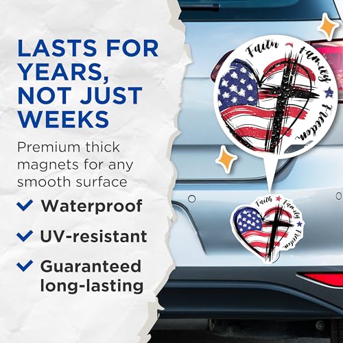 (2 Pack) Faith Family Freedom Magnets Magnets - American Flag Heart - Christian Cross - 5" On Longest Side - Made in USA - Sticks to Refrigerators & Metal Surfaces - MAG8375