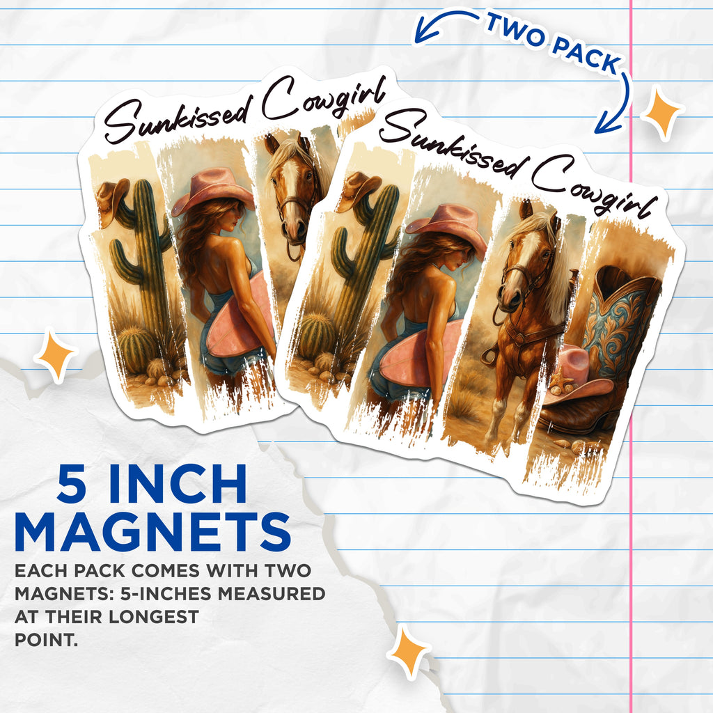 (2 Pack) Sunkissed Cowgirl Magnets - Coastal Western Beach Art - Boho Cowgirl Aesthetic Decor - 5 Inches On Longest Side - Thick Durable Magnet - Made in USA - MAG37473