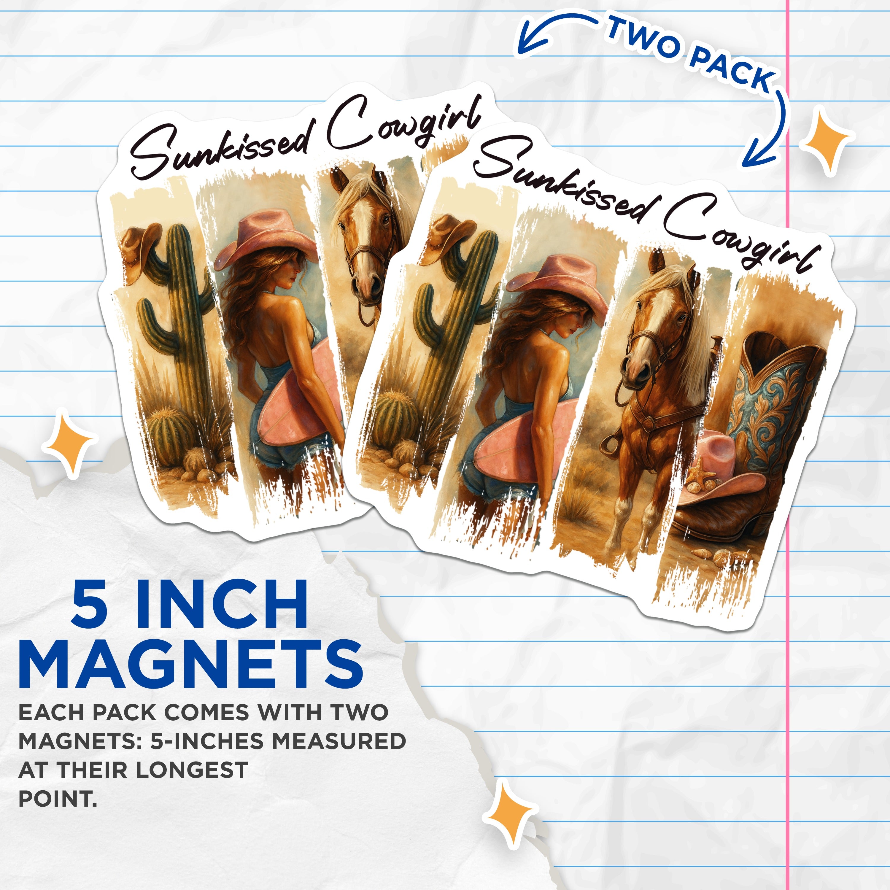 (2 Pack) Sunkissed Cowgirl Magnets - Coastal Western Beach Art - Boho Cowgirl Aesthetic Decor - 5 Inches On Longest Side - Thick Durable Magnet - Made in USA - MAG37473