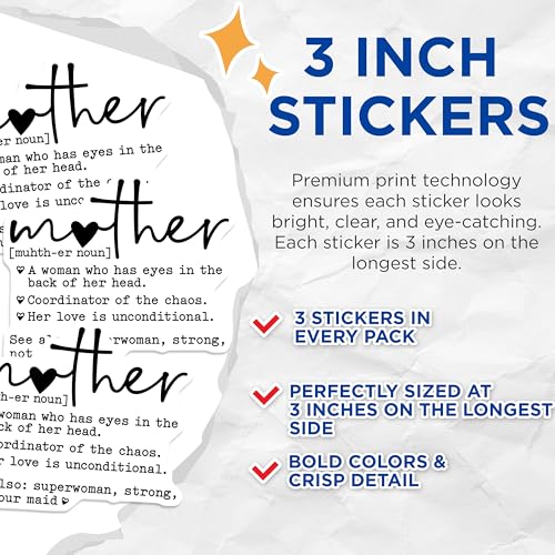 (3 Pack) Mother Definition Decals - Mom Superwoman - Unconditional Love Stickers- 3 Inches On Longest Side - Easy Peel & Apply - Made in USA - 3MCS5806