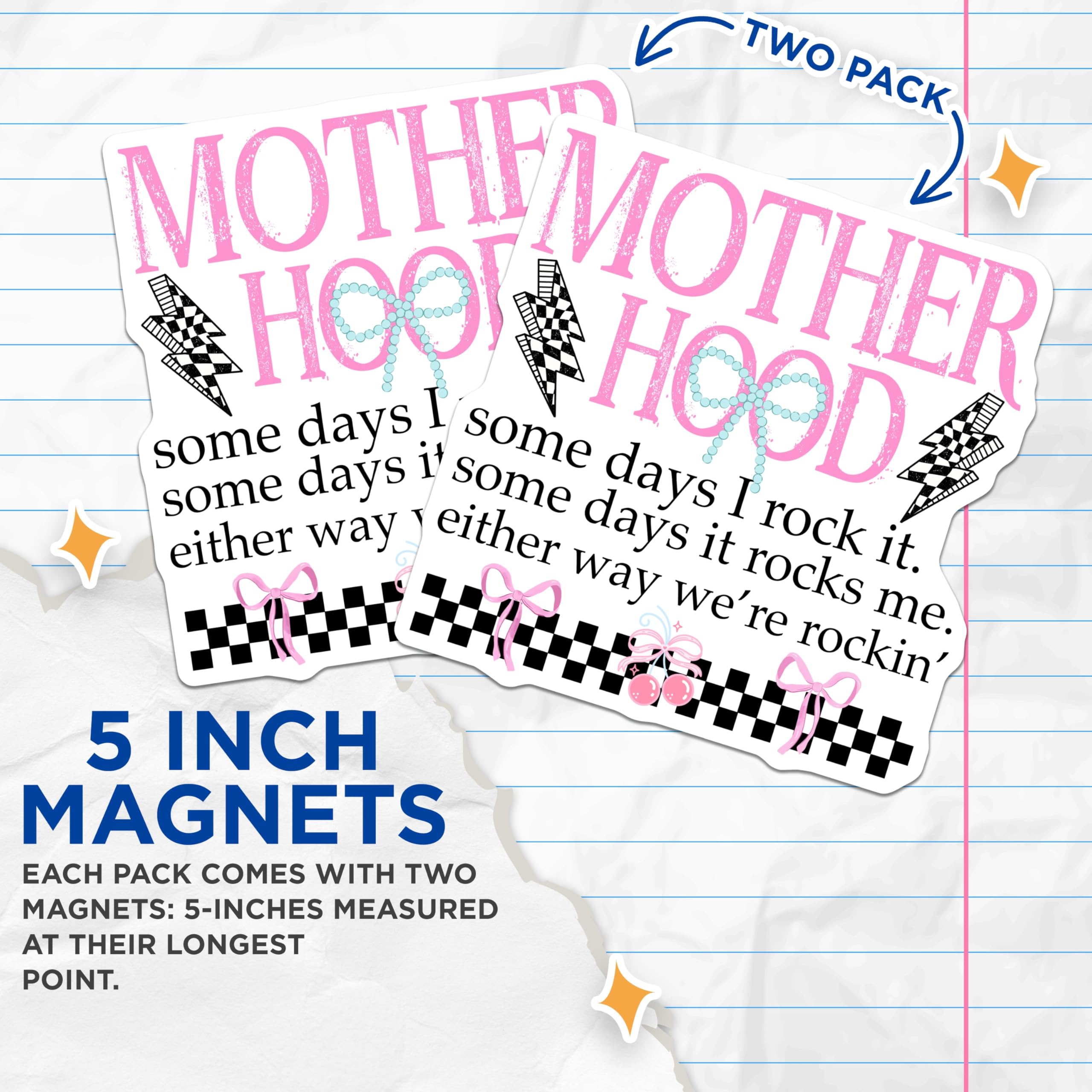 (2 Pack) Motherhood Magnets - Funny Mom Life Quote - Vintage Rockabilly Style - Checkerboard Lightning Bolts Cherries - 5 Inches On Longest Side - Thick Durable Magnet - Made in USA - MAG21569