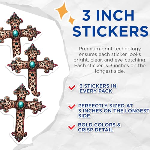 (3 Pack) Leopard Cross Decals - Turquoise Jewel - Religious Decor - 3 Inches On Longest Side - Easy Peel & Apply - Made in USA - 3MCS7497
