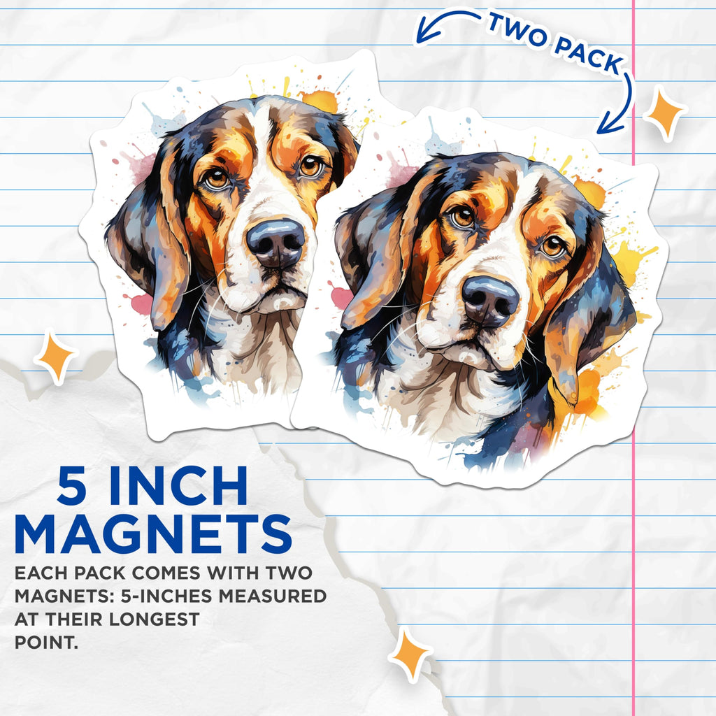 (2 Pack) Watercolor Beagle Dog Magnets - Artistic Hound Fridge Decor - Pet Lover Animal Art Collectibles - 5 Inches On Longest Side - Thick Durable Magnet - Made in USA - MAG23432