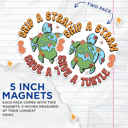 (2 Pack) Skip A Straw Save A Turtle Magnets - Environmental Awareness Magnets - Eco-Friendly Turtle Magnets- 5" On Longest Side - for Fridges, Toolboxes, Cars - Made in USA - MAG3047