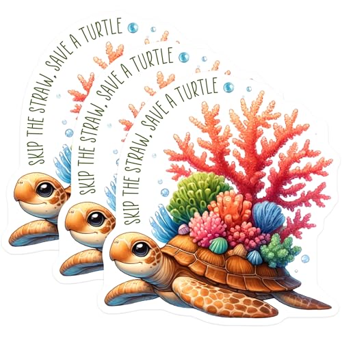(3 Pack) Skip The Straw Save Turtle Decals - Sea Turtle - Ocean Lover - 3 Inches On Longest Side - Easy Peel & Apply - Made in USA - 3MCS6727