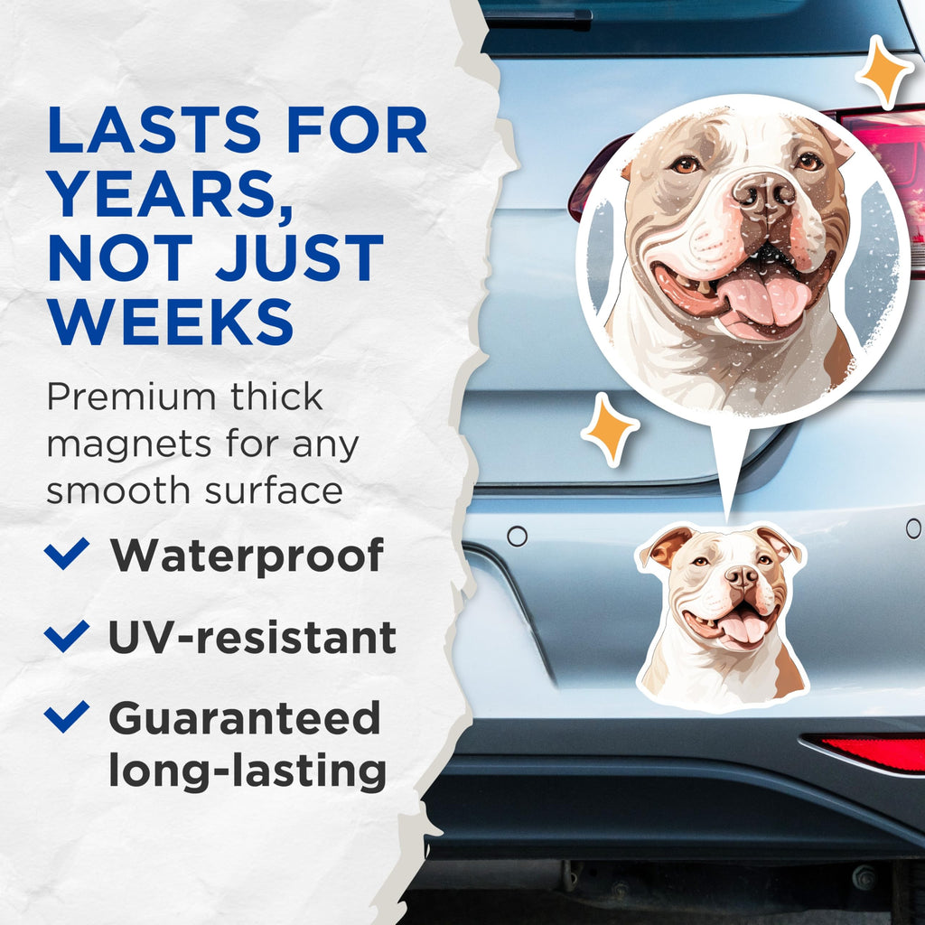 (2 Pack) Smiling Pitbull Dog Magnets - Dog Mom Kitchen Decor - Amstaff Lover Refrigerator Art - 5 Inches On Longest Side - Thick Durable Magnet - Made in USA - MAG26240