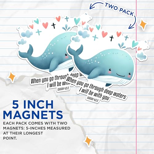 (2 Pack) Whale Scripture Magnets - Inspirational Whale Art Magnets - Isaiah 43:2 Quotes Magnets- 5" On Longest Side - for Fridges, Toolboxes, Cars - Made in USA - MAG2837