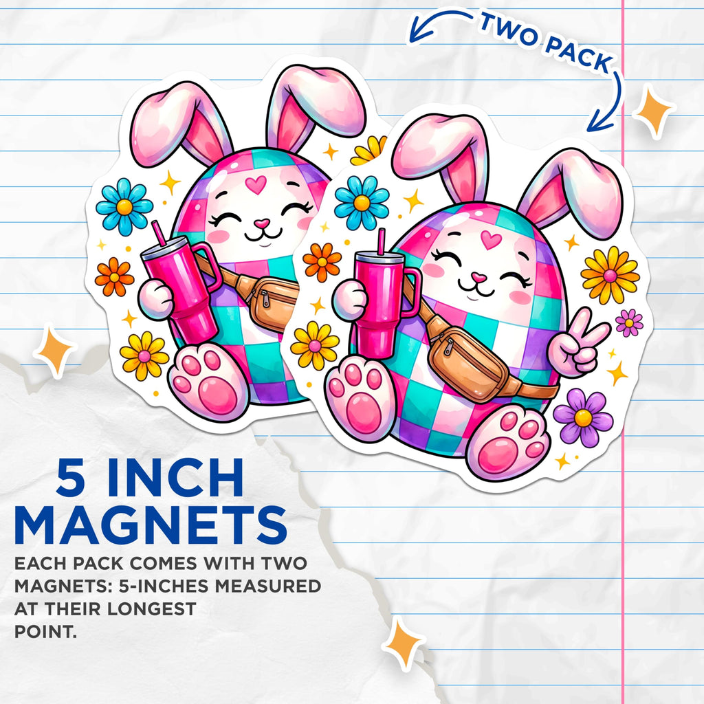 (2 Pack) Easter Egg Bunny Magnets - Retro Hippie Rabbit Decor - Colorful Peace Sign Animal Art - 5 Inches On Longest Side - Thick Durable Magnet - Made in USA - MAG24004