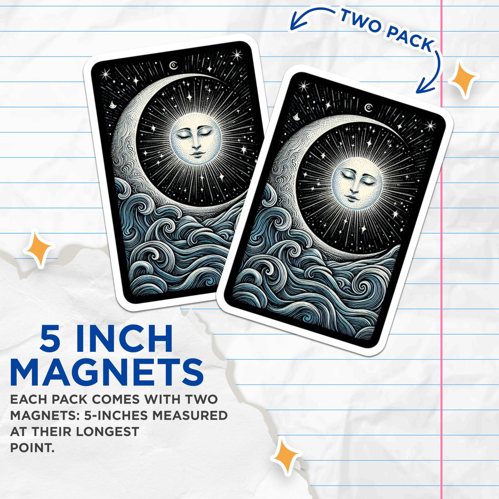 (2 Pack) Celestial Moon Sun Magnets - Mystical Ocean Wave Decor - Spiritual Cosmic Art Magnets - 5 Inches On Longest Side - Thick Durable Magnet - Made in USA - MAG22718
