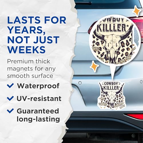 (2 Pack) Cowboy Killer Magnets - Western Decor - Skull Design - Wild West - Leopard Print - 5" On Longest Side - for Cars, Refrigerators, Toolboxes, Lockers - Made in USA BMCS3506